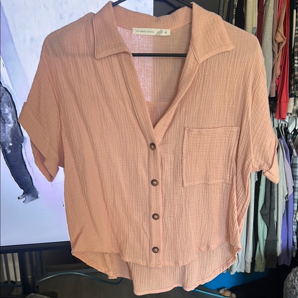 Altar'd State Pink Short Sleeve Button Down Shirt